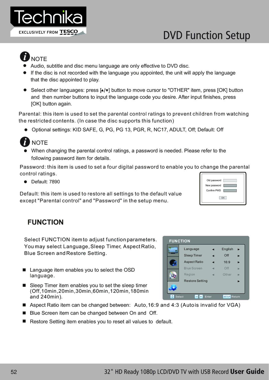 Technika 32-630 manual Function, Off,10min,20min,30min,60min,120min,180min and 240min 