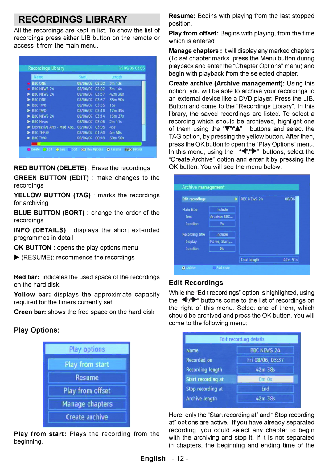 Technika 320Gb T835 user manual Recordings Library, Play Options, Edit Recordings 