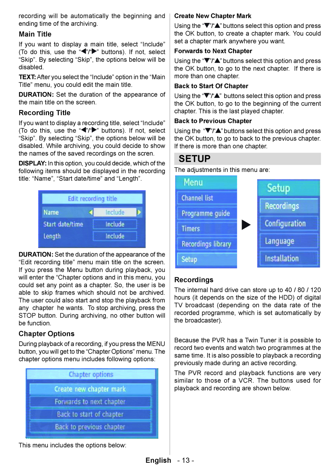 Technika 320Gb T835 user manual Setup, Main Title, Recording Title, Chapter Options, Recordings 