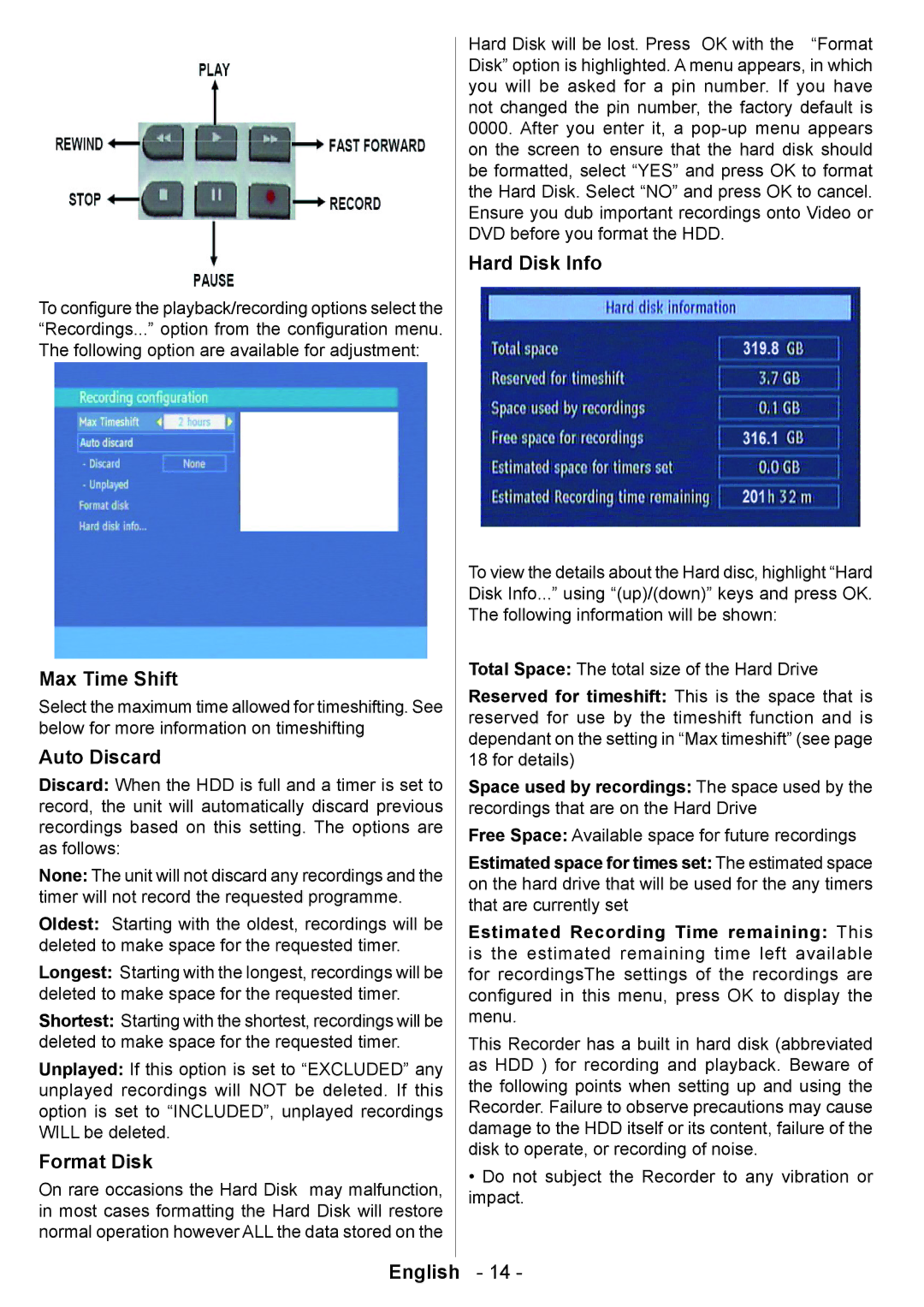 Technika 320Gb T835 user manual Max Time Shift, Auto Discard, Format Disk, Hard Disk Info 