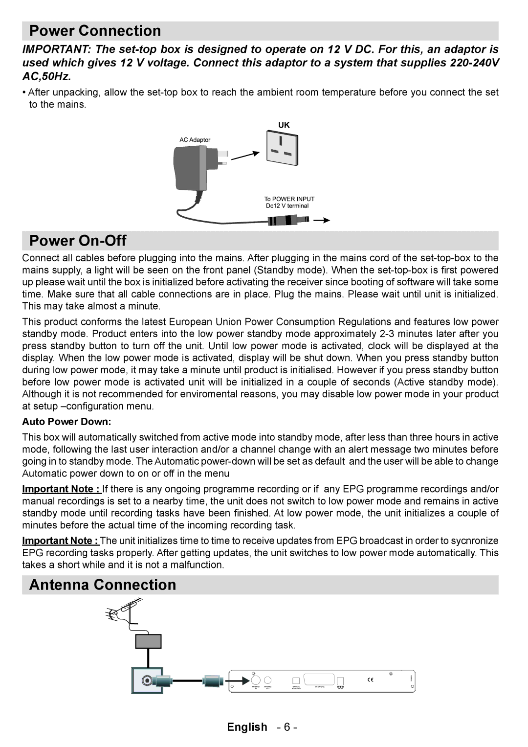 Technika 320Gb T835 user manual Power Connection, Power On-Off, Antenna Connection, Auto Power Down 