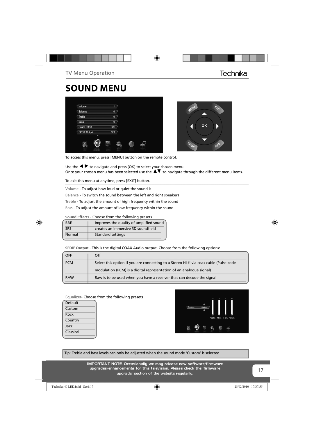 Technika 40-260 manual Sound Menu, Srs 