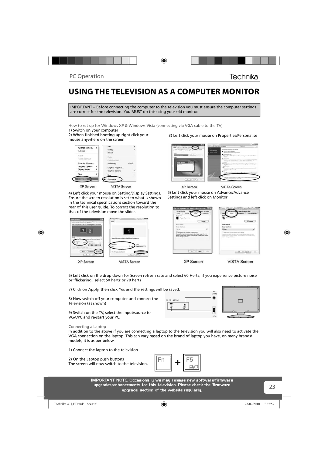 Technika 40-260 manual Using the Television AS a Computer Monitor, PC Operation 