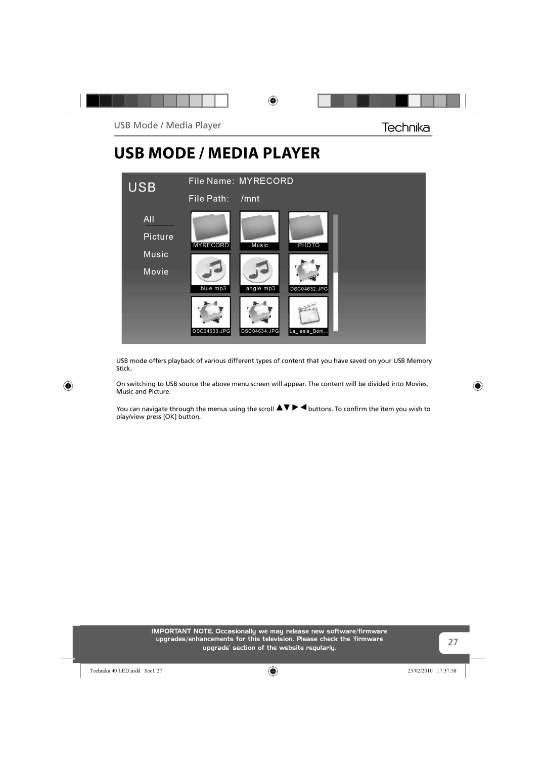 Technika 40-260 manual USB Mode / Media Player 