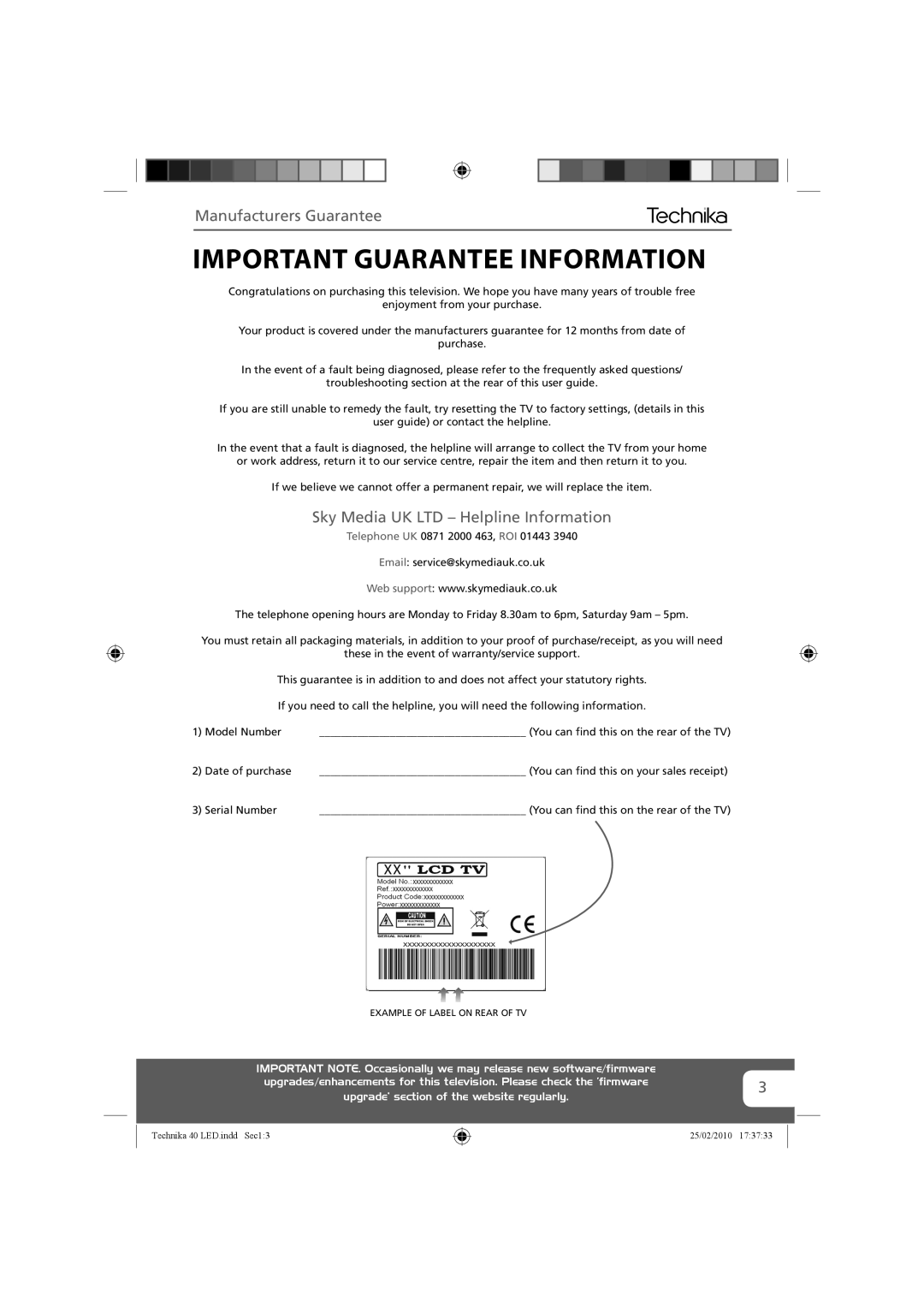 Technika 40-260 manual Important Guarantee Information, Manufacturers Guarantee 