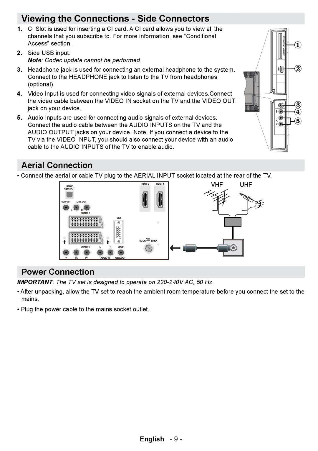 Technika 42-2020 manual Viewing the Connections Side Connectors, Aerial Connection, Power Connection 