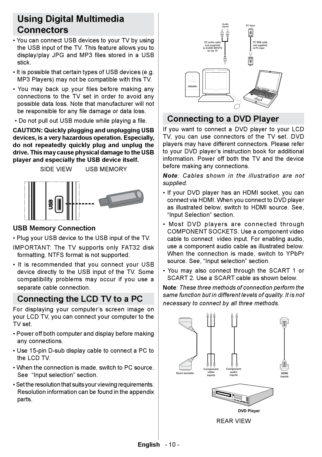 Technika 42-2020 manual Using Digital Multimedia Connectors, Connecting the LCD TV to a PC, Connecting to a DVD Player 