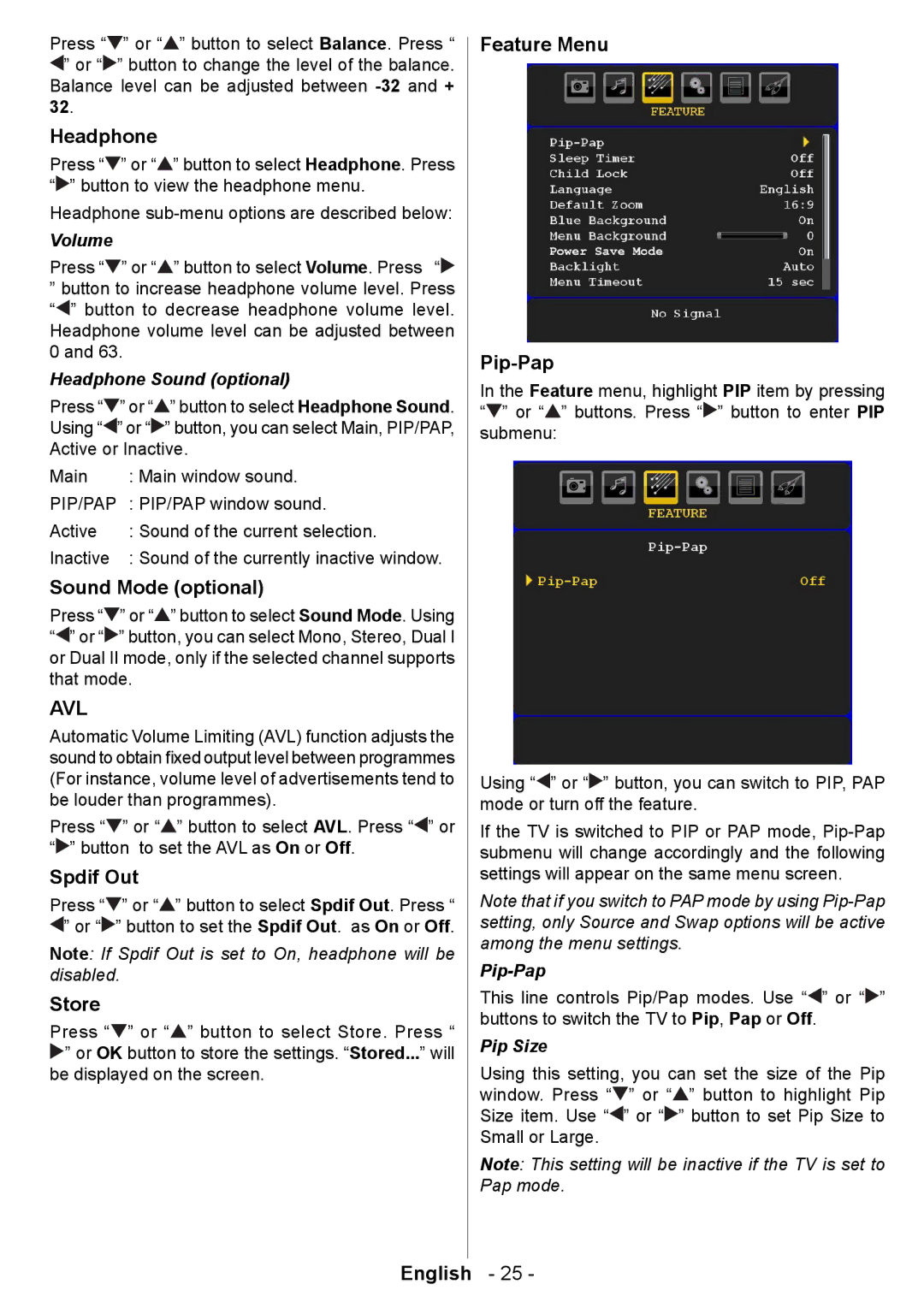 Technika 42-2020 manual Headphone, Sound Mode optional, Spdif Out, Feature Menu Pip-Pap 