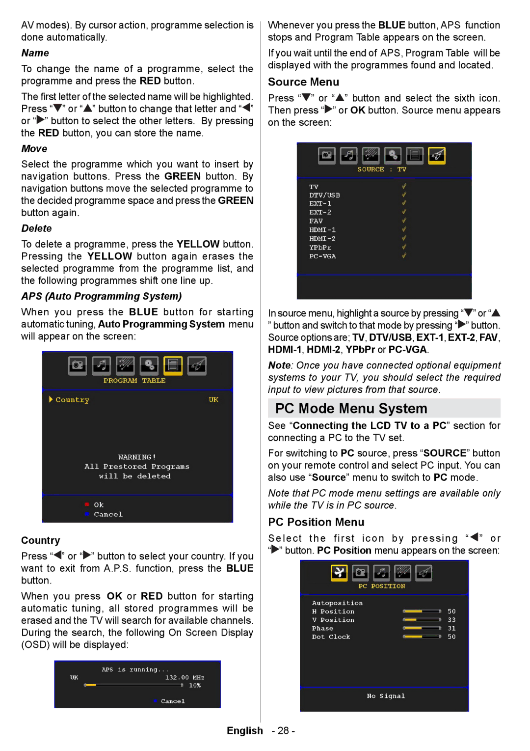 Technika 42-2020 manual PC Mode Menu System, Source Menu, PC Position Menu 