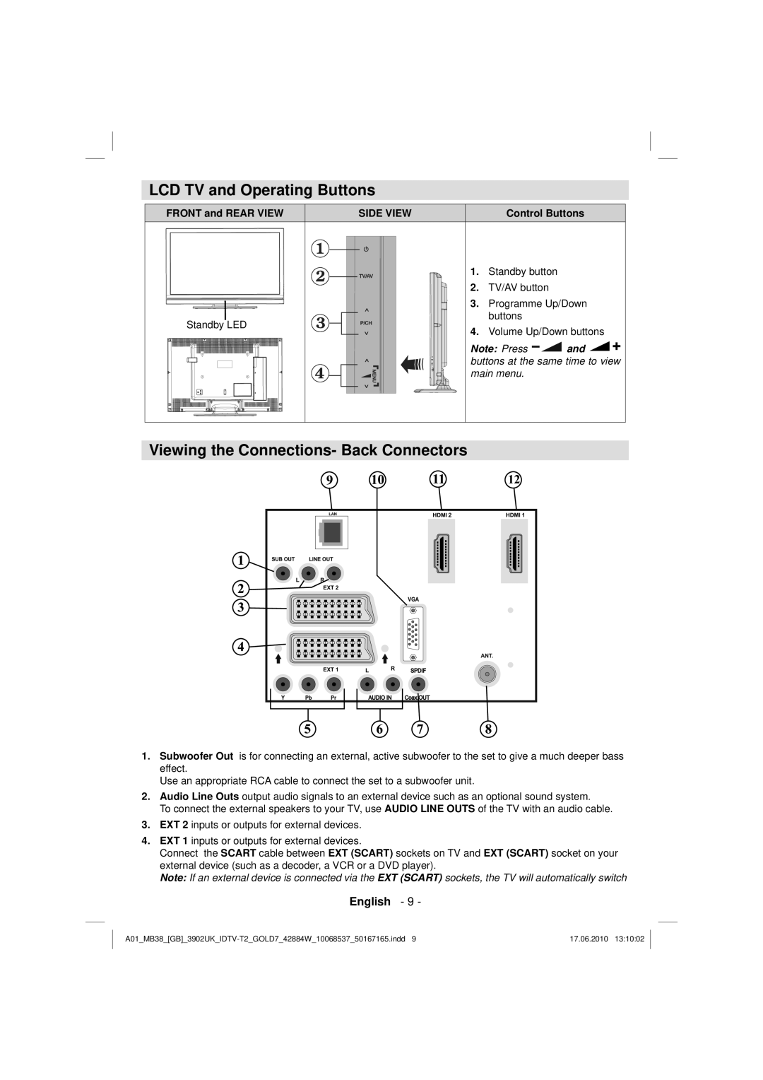 Technika 42-2030 LCD TV and Operating Buttons, Viewing the Connections- Back Connectors, Front and Rear View 