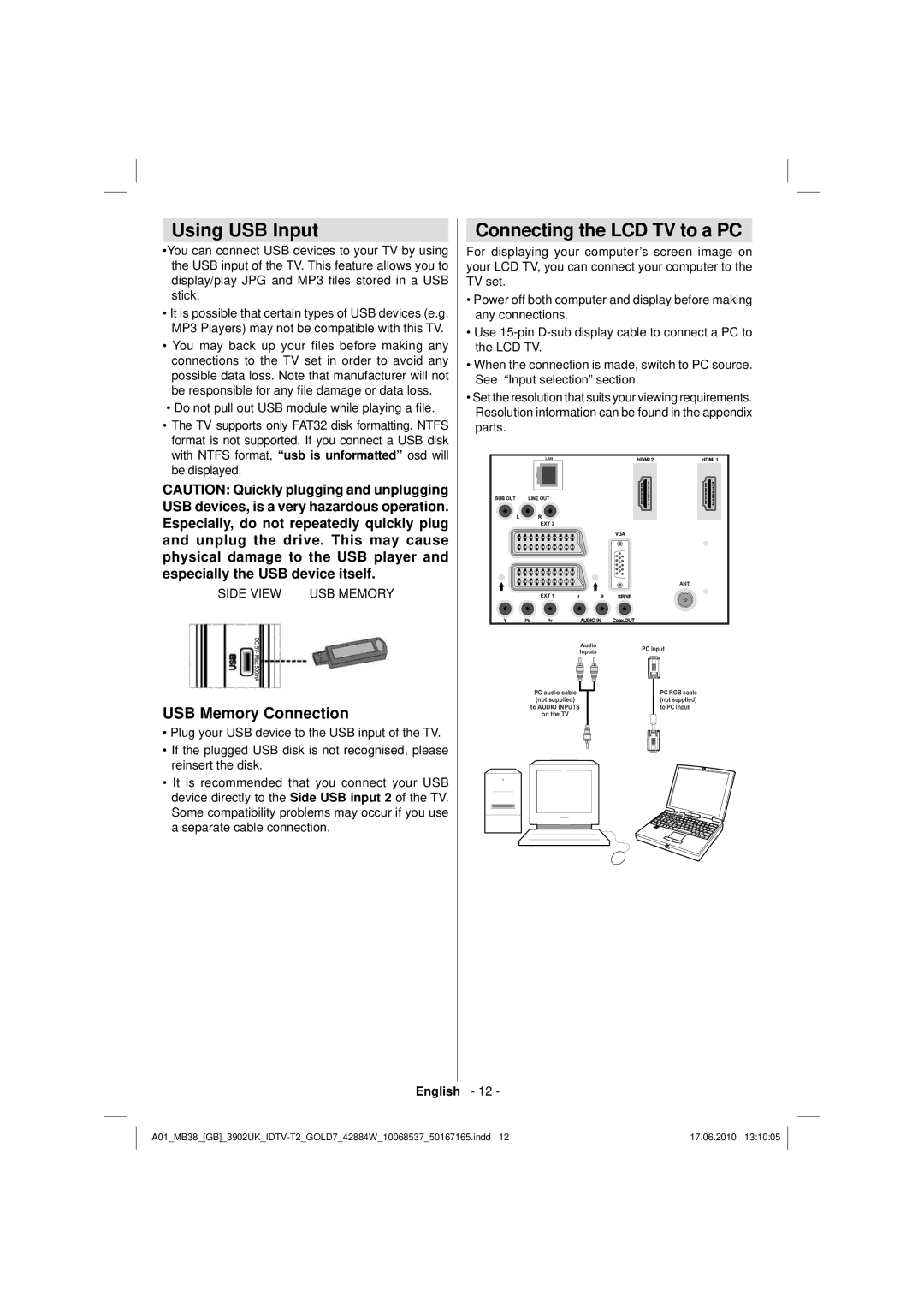 Technika 42-2030 operating instructions Using USB Input, Connecting the LCD TV to a PC, USB Memory Connection 