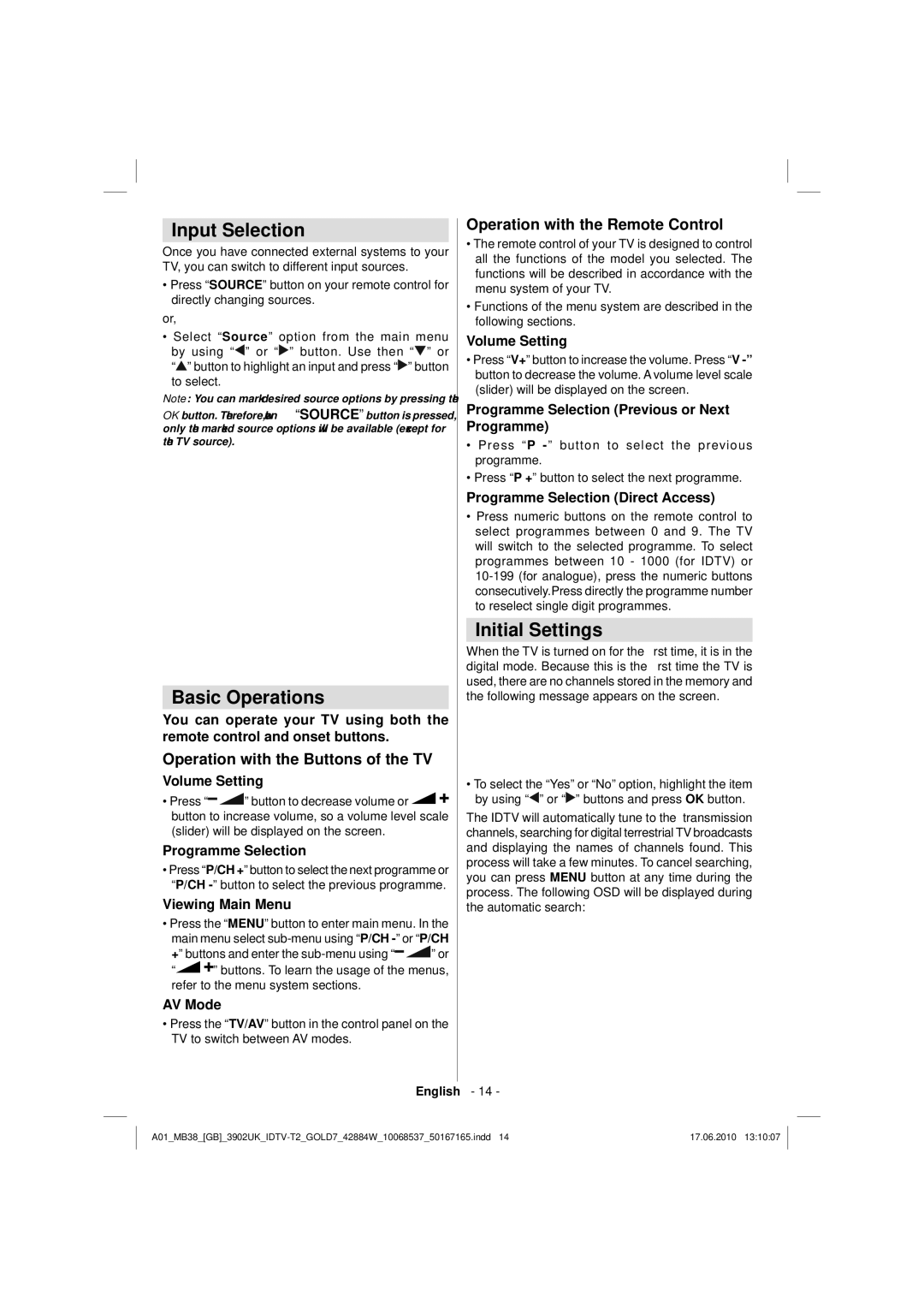 Technika 42-2030 Input Selection, Basic Operations, Initial Settings, Operation with the Buttons of the TV 