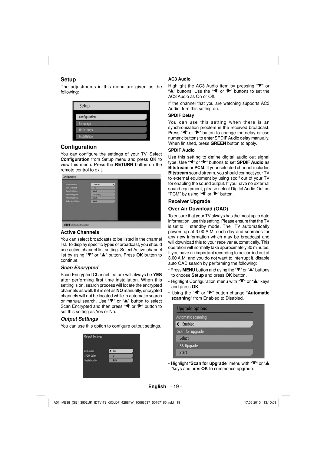 Technika 42-2030 operating instructions Setup, Conﬁguration, Active Channels, Receiver Upgrade Over Air Download OAD 