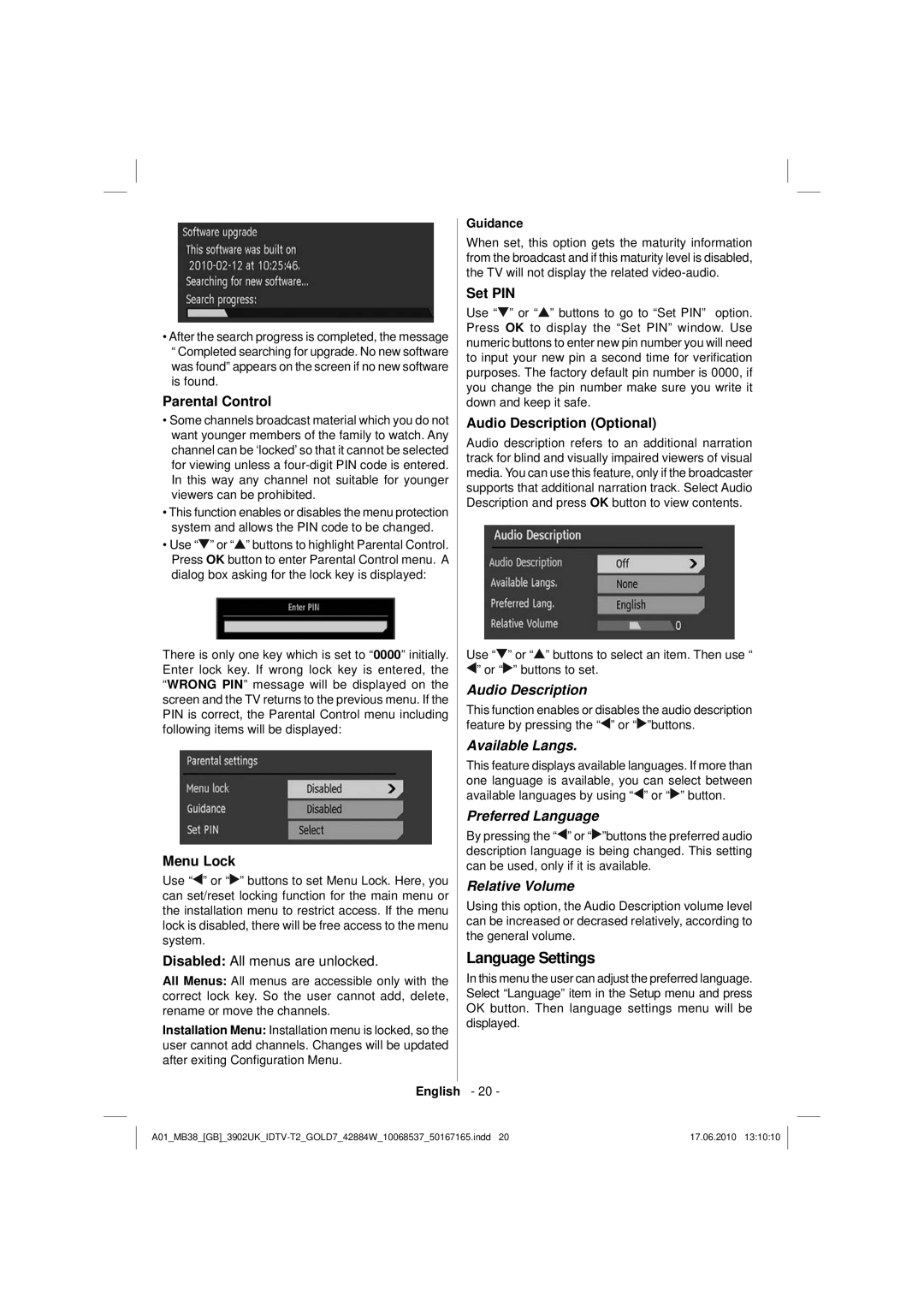 Technika 42-2030 operating instructions Language Settings, Parental Control, Menu Lock, Set PIN, Audio Description Optional 