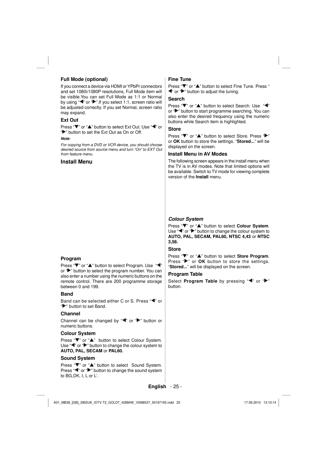 Technika 42-2030 operating instructions Install Menu 