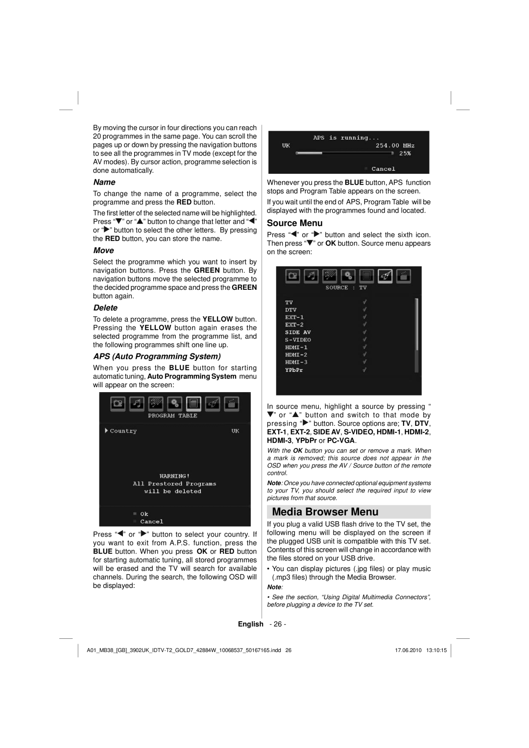 Technika 42-2030 operating instructions Media Browser Menu, Source Menu 