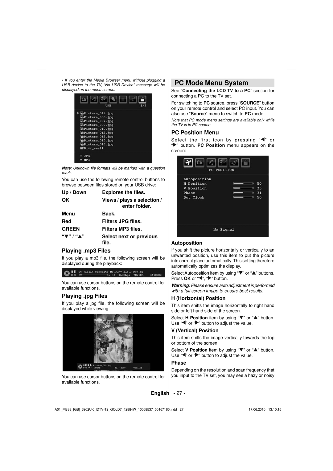 Technika 42-2030 operating instructions PC Mode Menu System, Playing .mp3 Files, Playing .jpg Files, PC Position Menu 