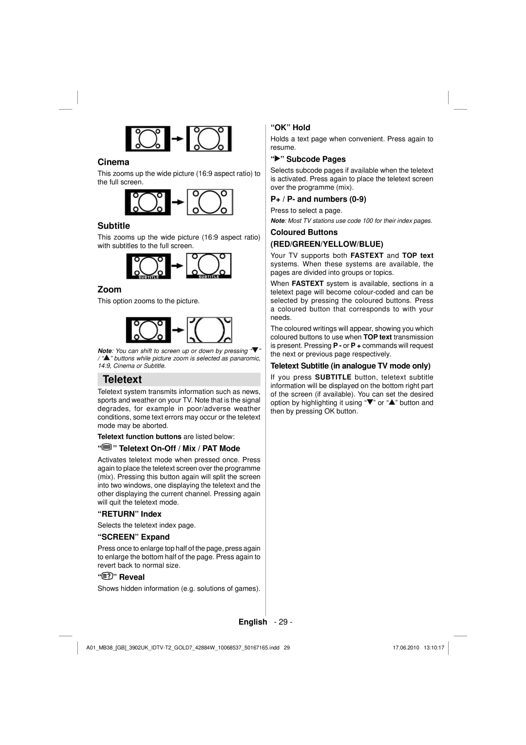 Technika 42-2030 operating instructions Teletext, Cinema, Subtitle, Zoom 