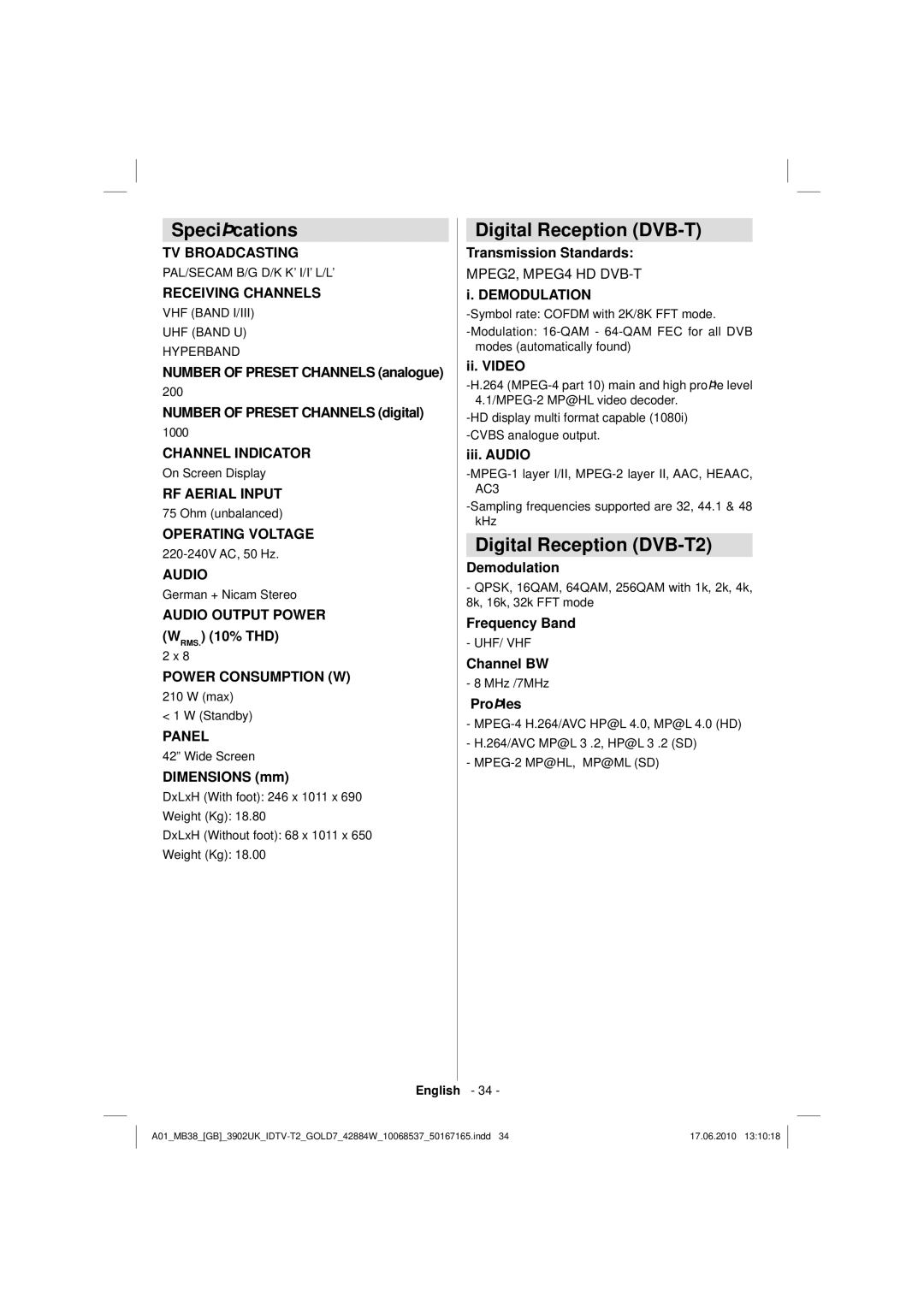 Technika 42-2030 operating instructions Speciﬁcations, Digital Reception DVB-T2 