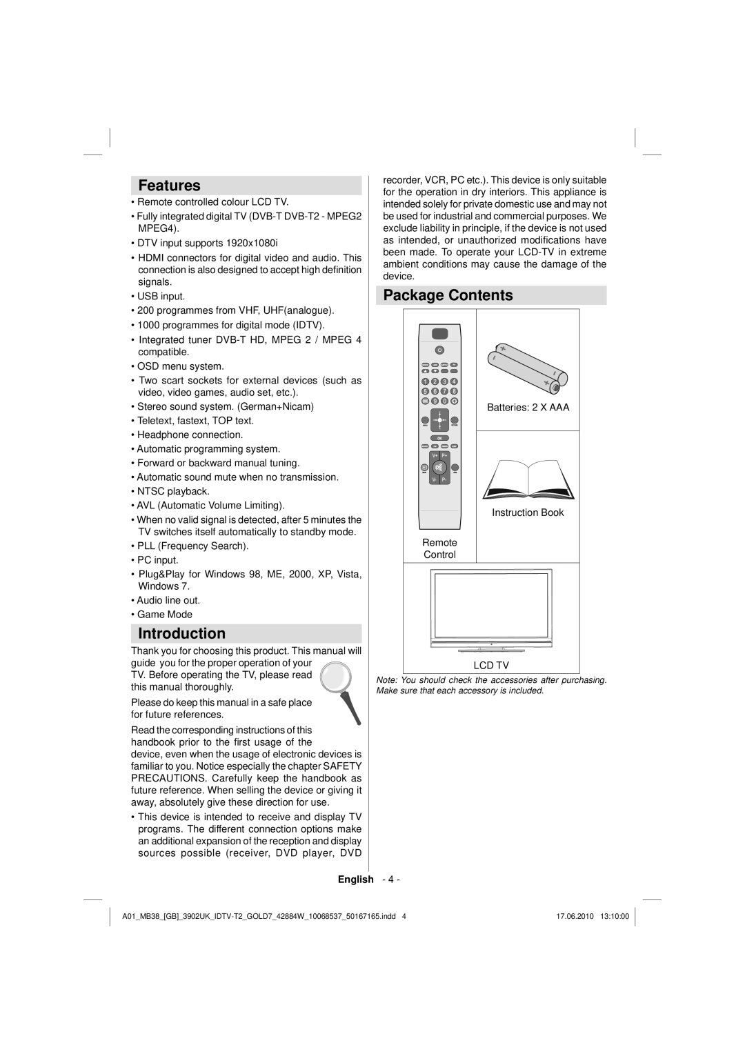 Technika 42-2030 operating instructions Features, Introduction, Package Contents 