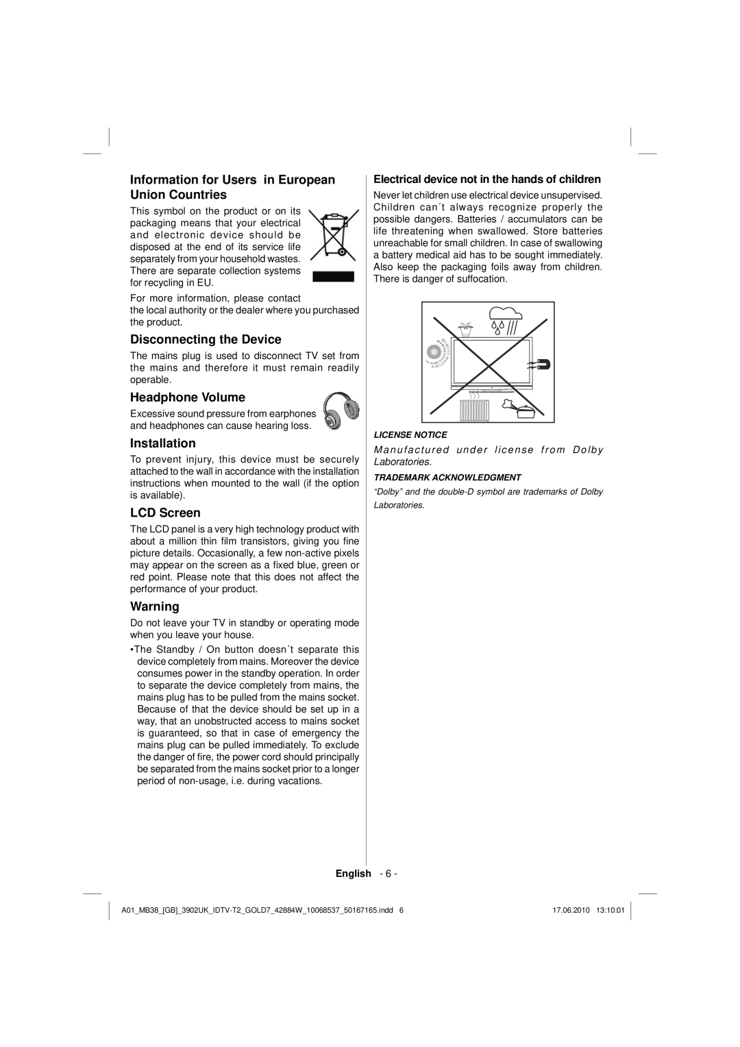 Technika 42-2030 Information for Users in European Union Countries, Disconnecting the Device, Headphone Volume, LCD Screen 