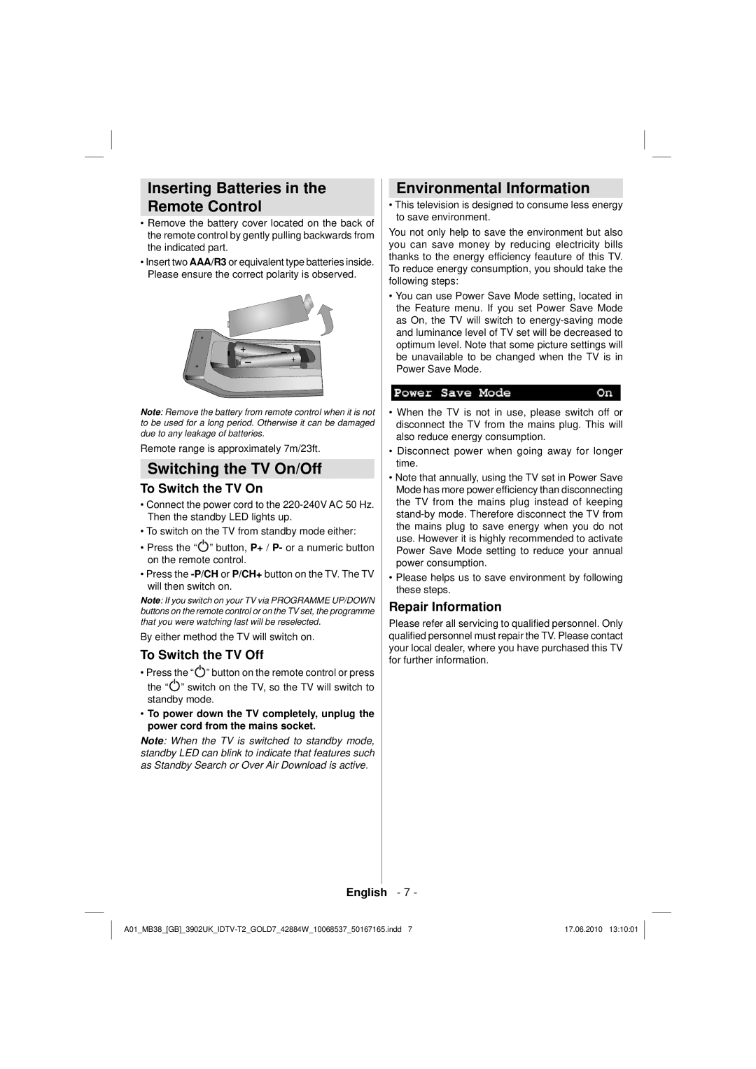 Technika 42-2030 Inserting Batteries Remote Control, Switching the TV On/Off, Environmental Information 