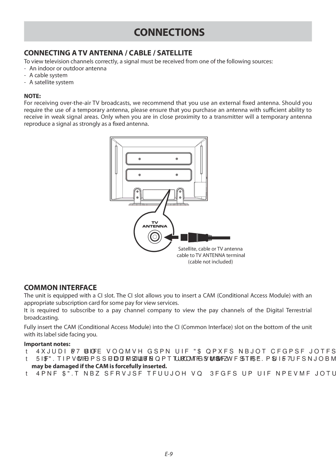 Technika 42-502 manual Connections, Connecting a TV Antenna / Cable / Satellite, Common Interface 