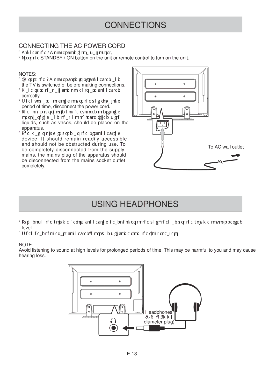 Technika 42-502 manual Using Headphones, Connecting the AC Power Cord, Headphones 1/8 3.5mm diameter plug 