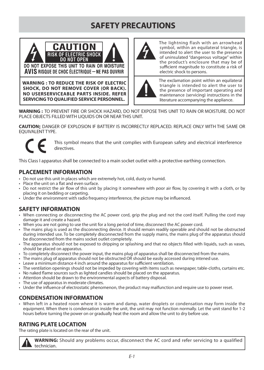 Technika 42-502 manual Safety Precautions, Placement Information, Safety Information, Condensation Information 