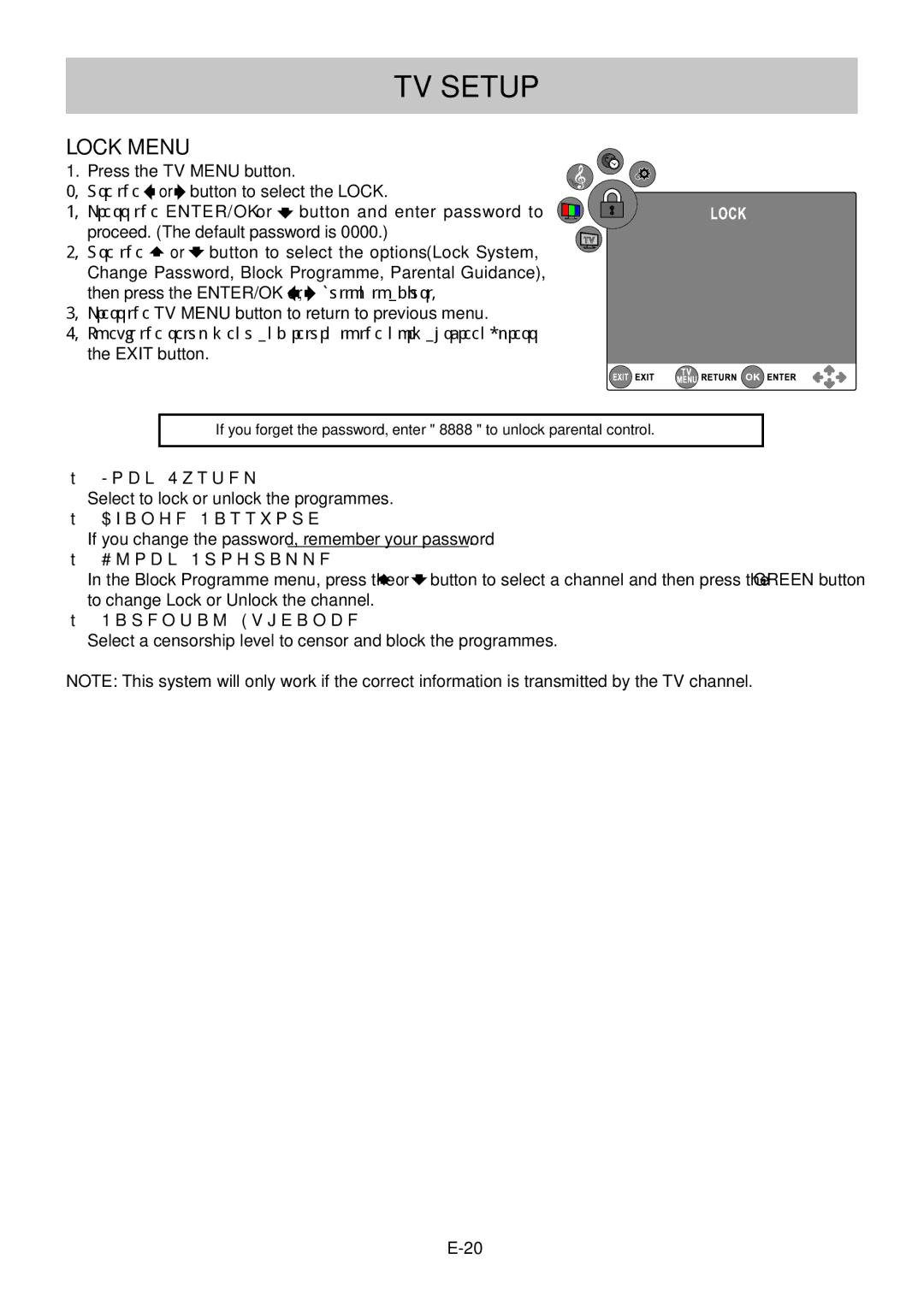 Technika 42-502 manual TV Setup, Lock System, Change Password, Block Programme, Parental Guidance 