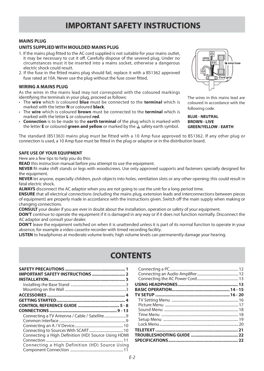 Technika 42-502 manual Important Safety Instructions, Contents 