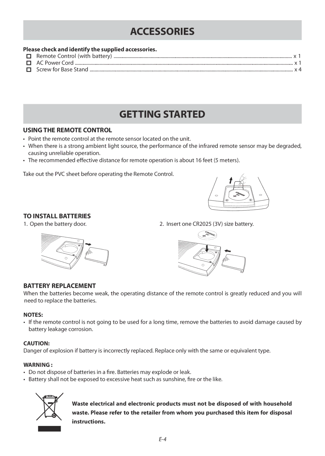 Technika 42-502 manual Accessories, Getting Started, Please check and identify the supplied accessories 