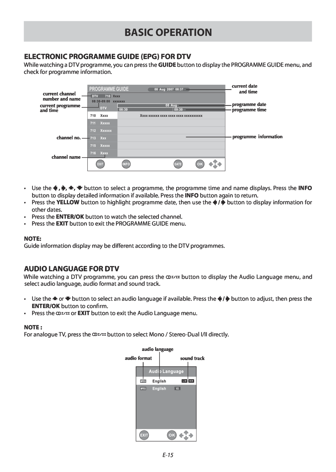 Technika 42-502 manual Electronic Programme Guide Epg For Dtv, Audio Language For Dtv, E-15, Basictvoperationsetup 