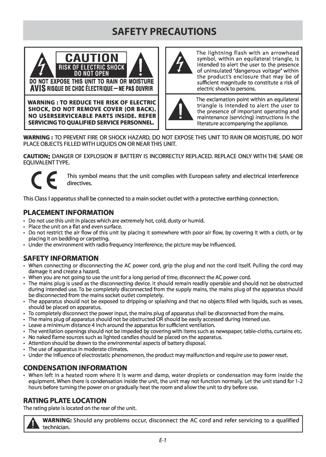 Technika 42-502 manual Safety Precautions, Placement Information, Safety Information, Condensation Information 