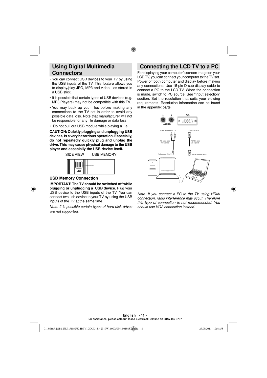 Technika 42-8533D manual Using Digital Multimedia Connectors, Connecting the LCD TV to a PC, USB Memory Connection 