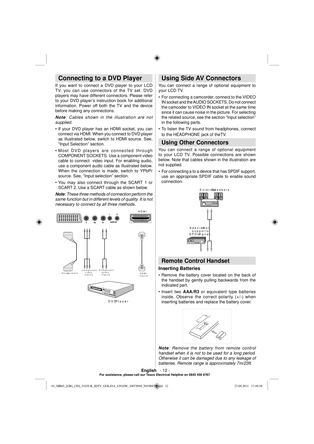 Technika 42-8533D Connecting to a DVD Player, Using Side AV Connectors, Using Other Connectors, Remote Control Handset 