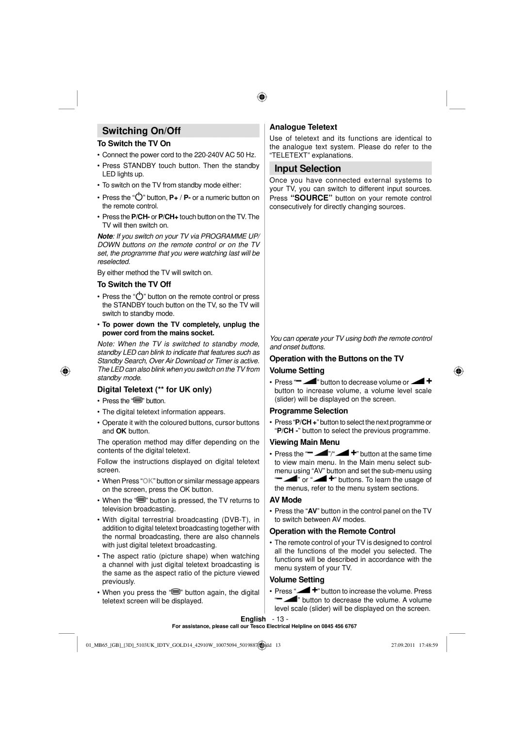 Technika 42-8533D manual Switching On/Off, Input Selection 