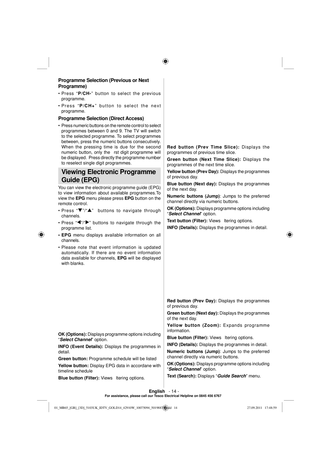 Technika 42-8533D manual Viewing Electronic Programme Guide EPG, Programme Selection Previous or Next Programme 