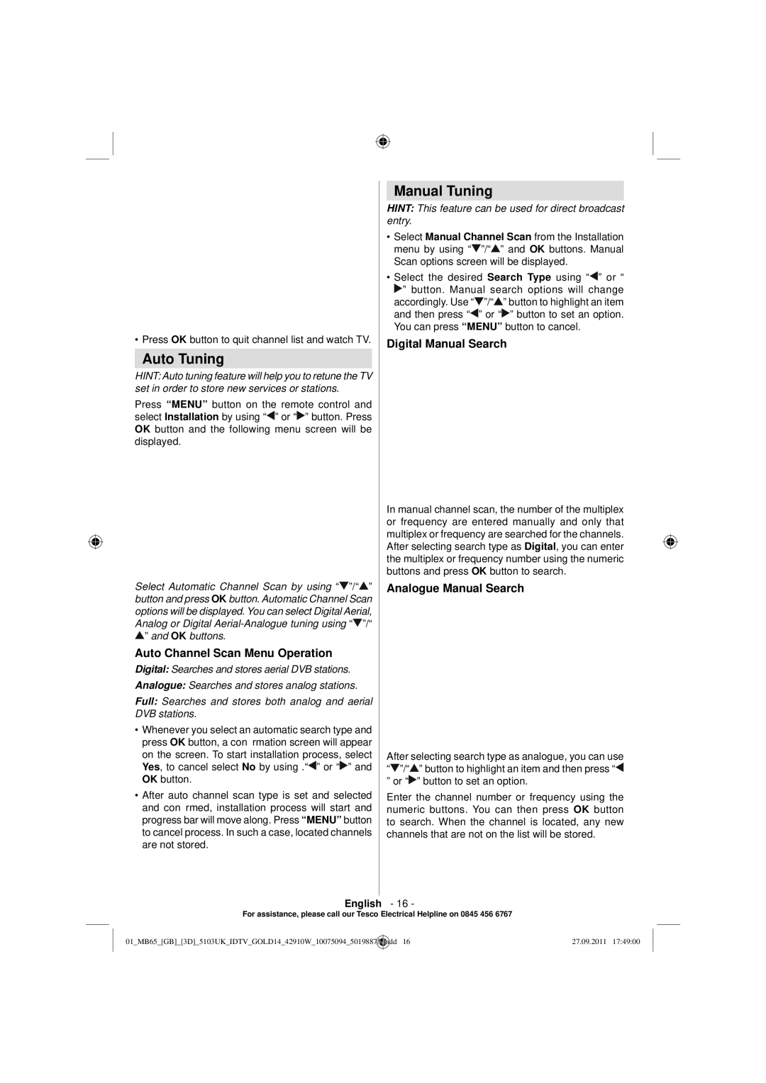 Technika 42-8533D manual Auto Tuning, Manual Tuning, Auto Channel Scan Menu Operation, Digital Manual Search 