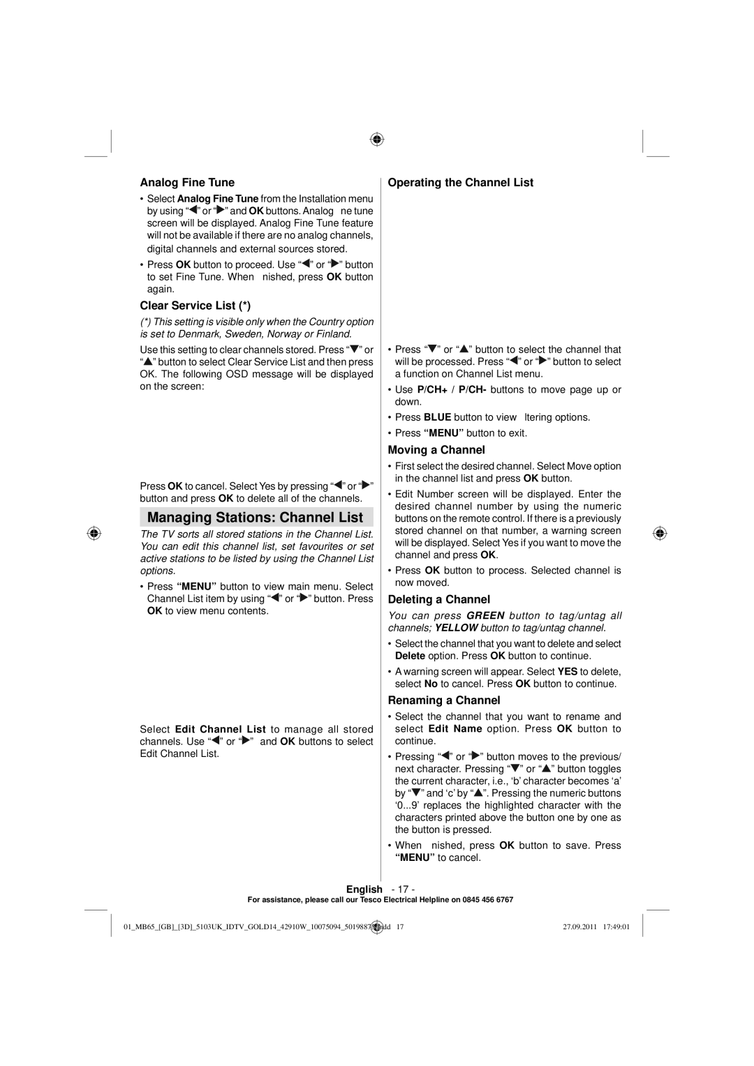 Technika 42-8533D manual Managing Stations Channel List 