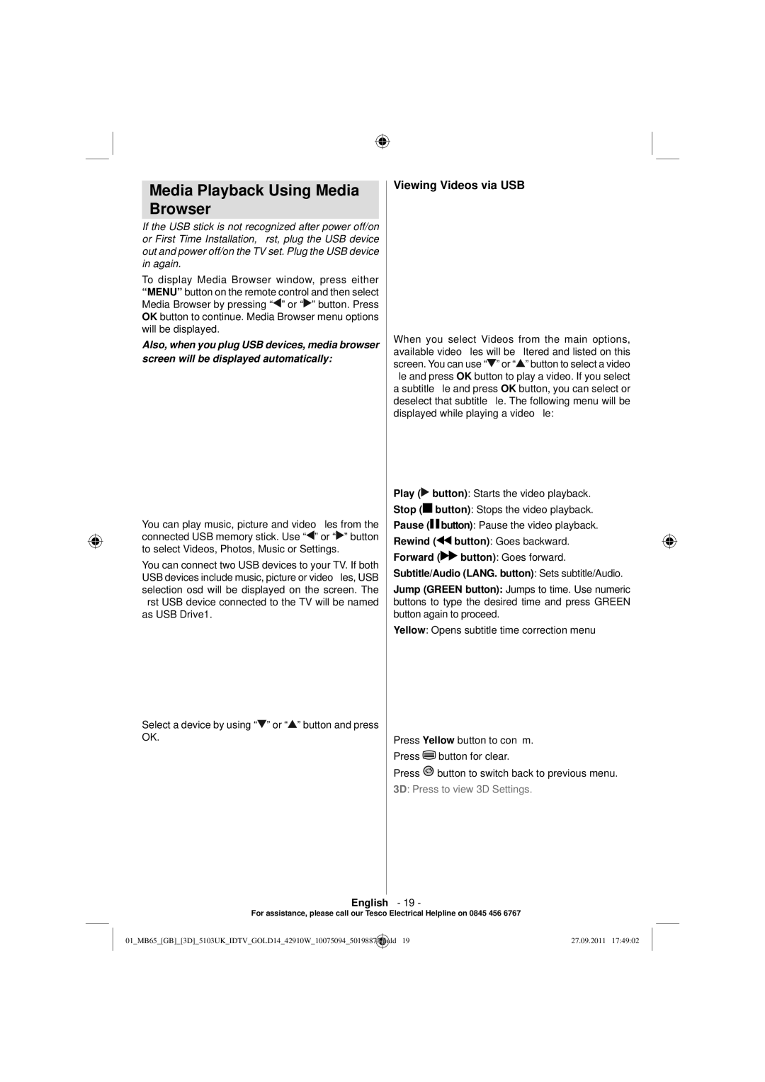 Technika 42-8533D manual Media Playback Using Media Browser, Viewing Videos via USB 