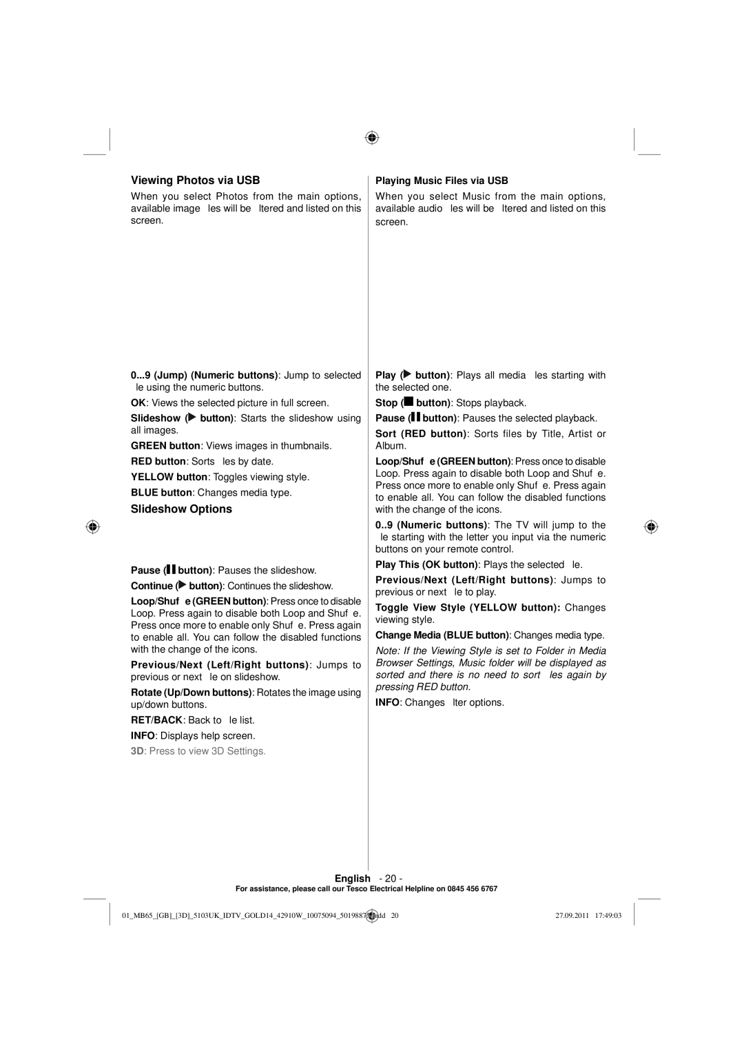 Technika 42-8533D manual Viewing Photos via USB, Slideshow Options, Playing Music Files via USB 