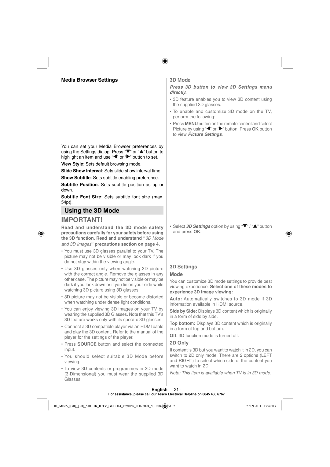 Technika 42-8533D manual Using the 3D Mode, Media Browser Settings 