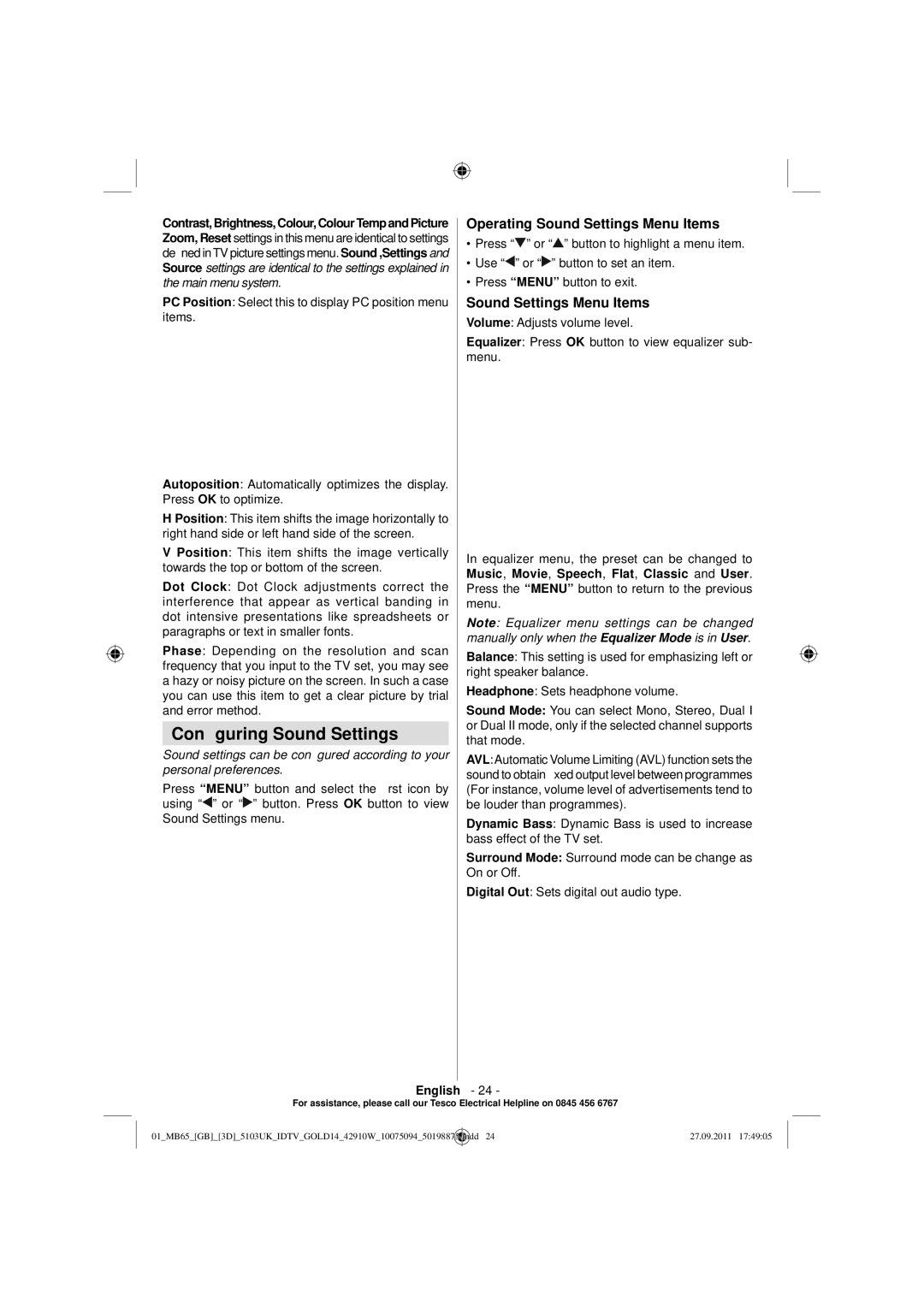 Technika 42-8533D manual Conﬁguring Sound Settings, Operating Sound Settings Menu Items 