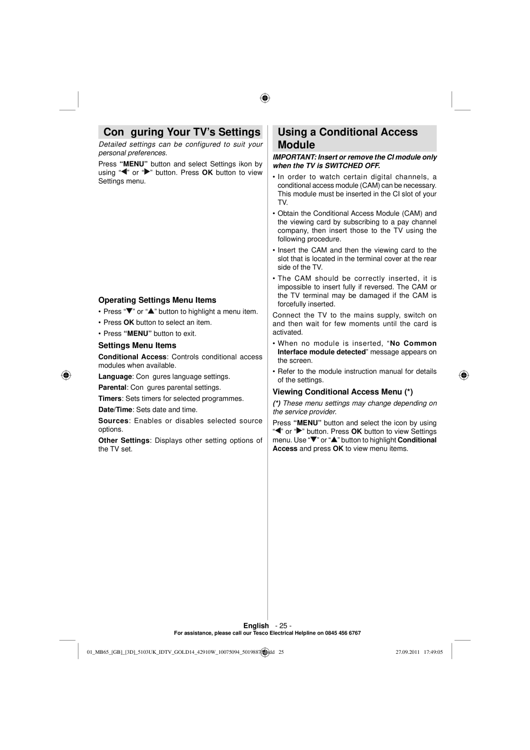 Technika 42-8533D manual Conﬁguring Your TV’s Settings, Using a Conditional Access Module, Operating Settings Menu Items 