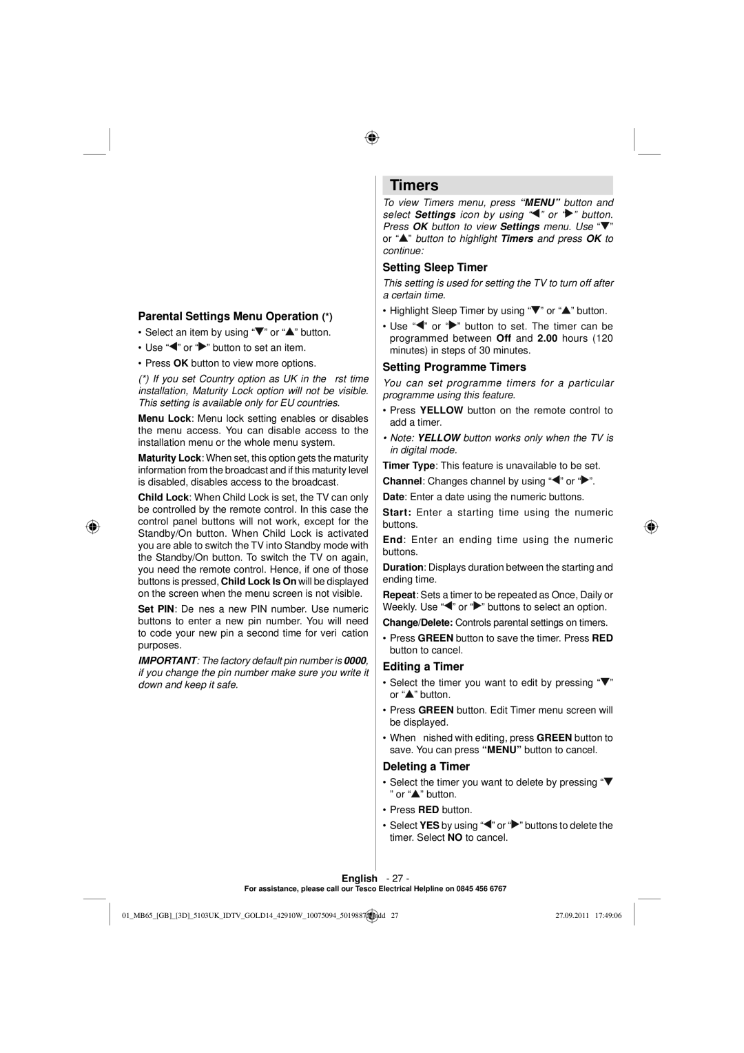 Technika 42-8533D manual Timers 