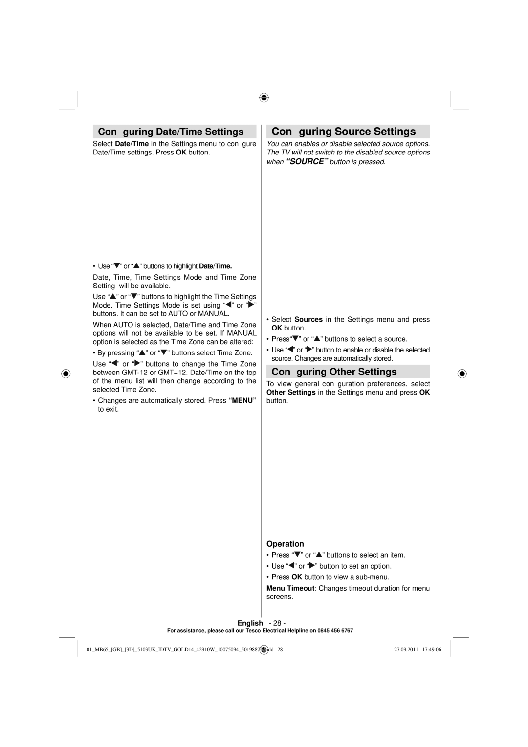 Technika 42-8533D manual Conﬁguring Source Settings, Conﬁguring Date/Time Settings, Conﬁguring Other Settings, Operation 