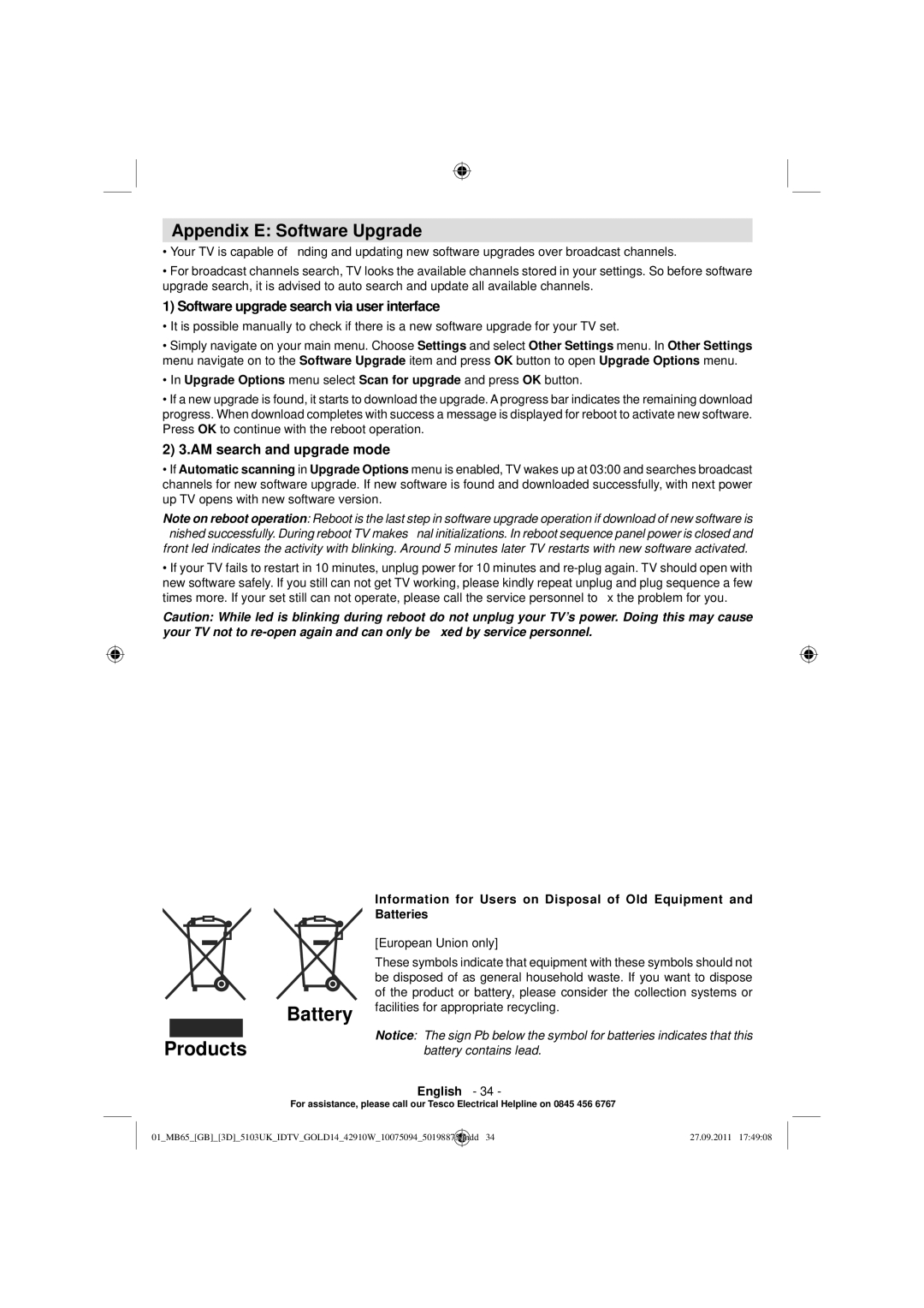 Technika 42-8533D manual Battery, Products, Appendix E Software Upgrade, Software upgrade search via user interface 