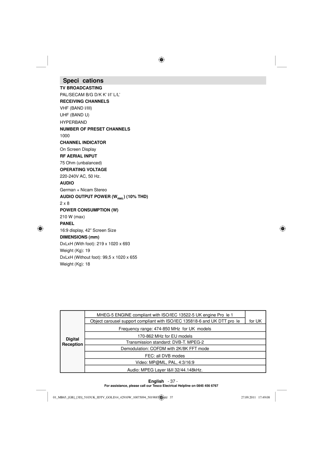 Technika 42-8533D manual Speciﬁcations, Dimensions mm, Digital Reception 