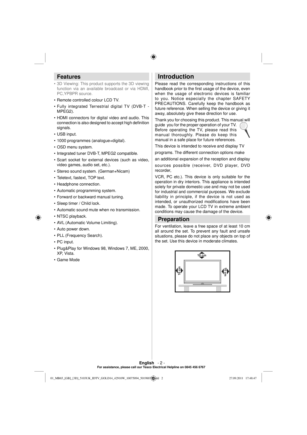 Technika 42-8533D manual Introduction, Features, Preparation, English 